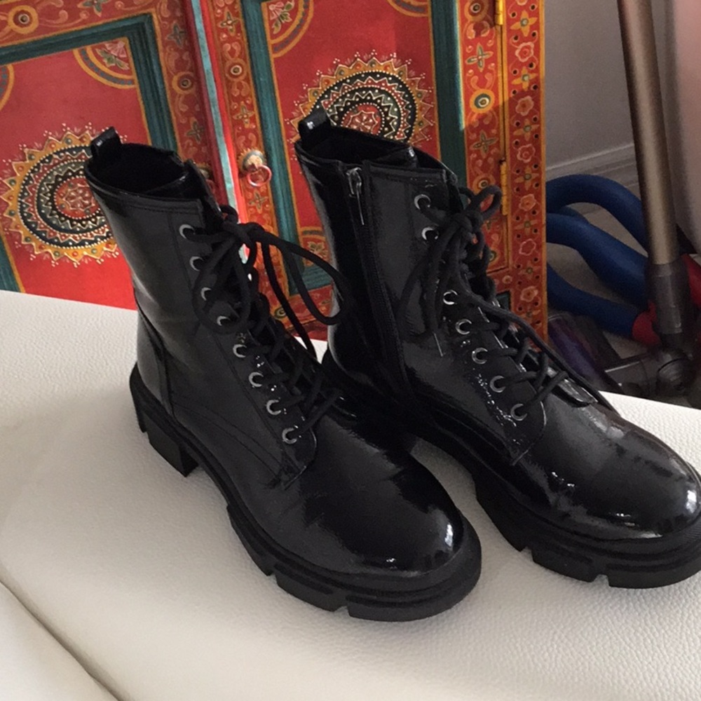 Black patent Nine West Combat boots.